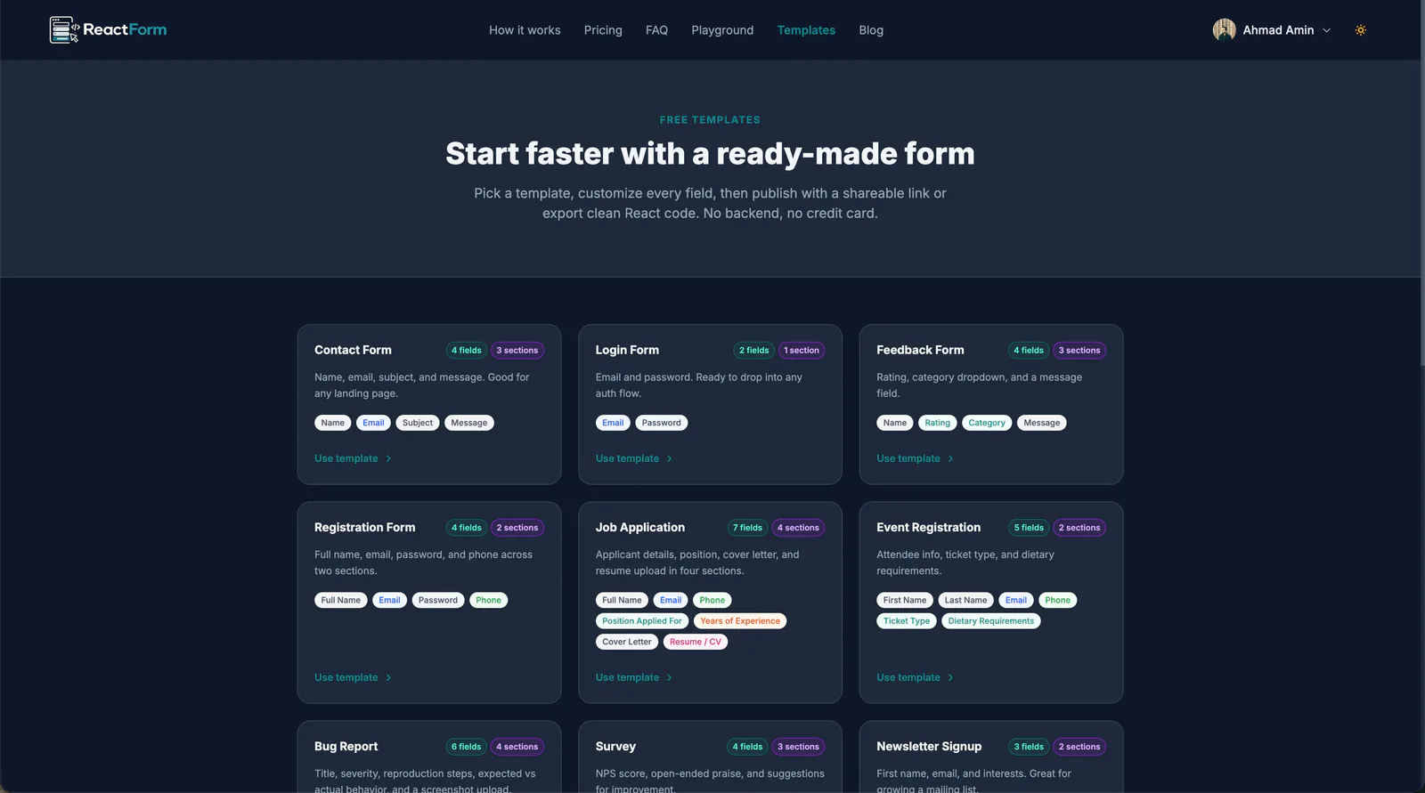 ReactForm's template gallery, with ready-made forms like contact, job application, and event registration