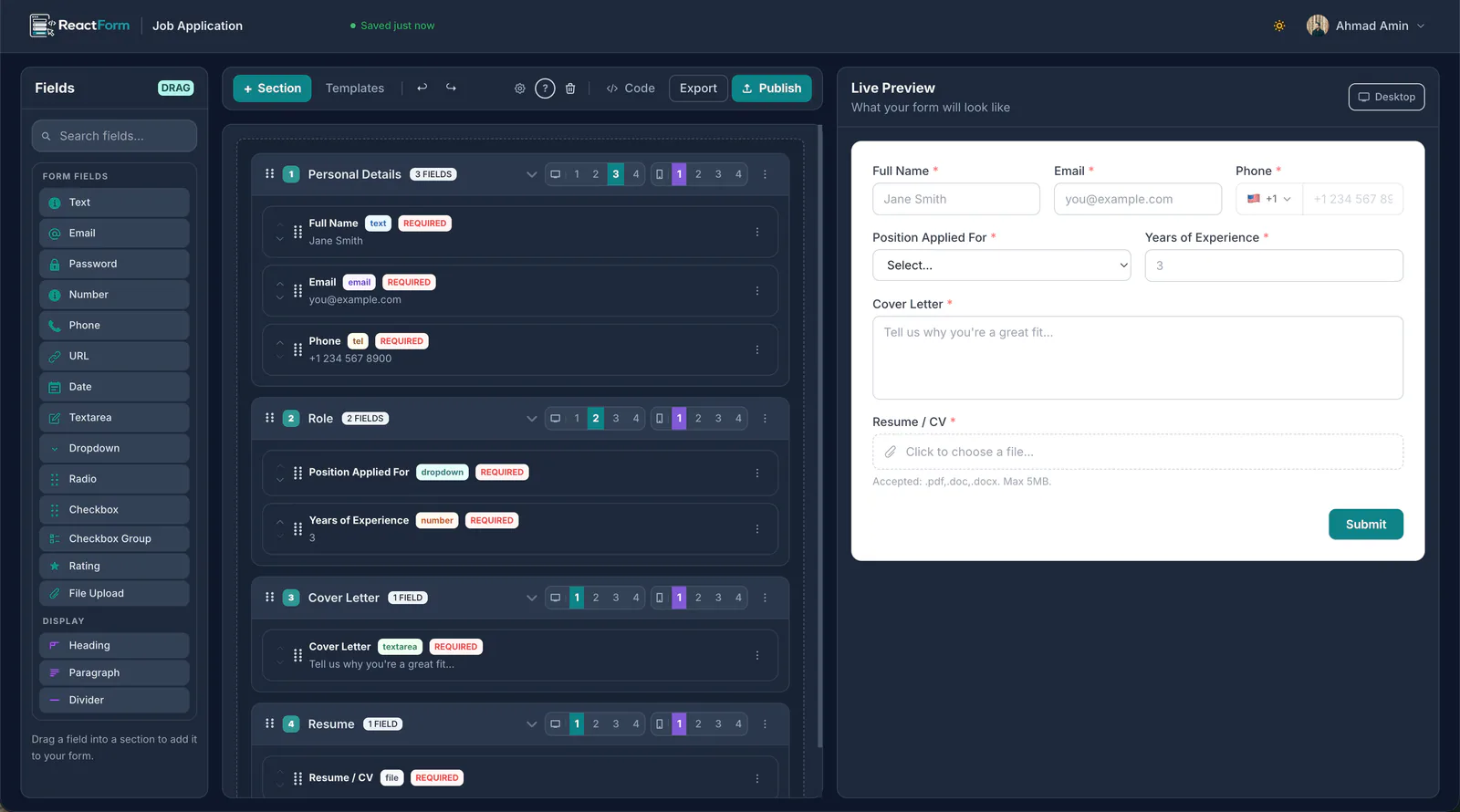 The ReactForm builder: drag fields into sections on the left, a live preview of the form on the right