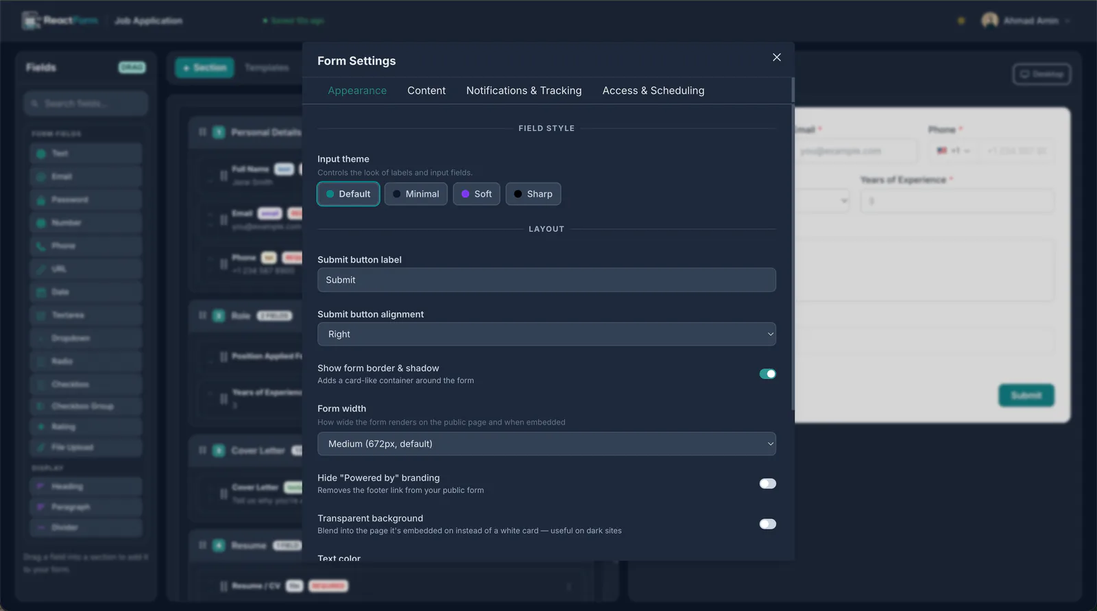 Form Settings modal showing input theme, submit button, and embedding options