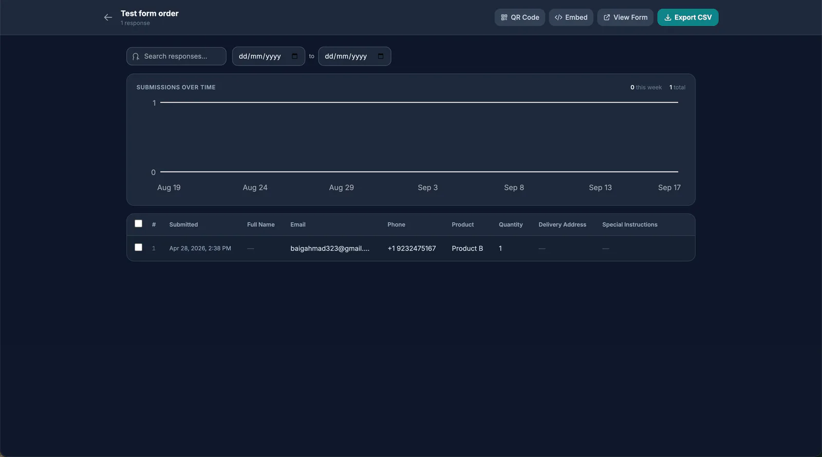 A form's response dashboard, showing submissions over time and a table of responses with CSV export