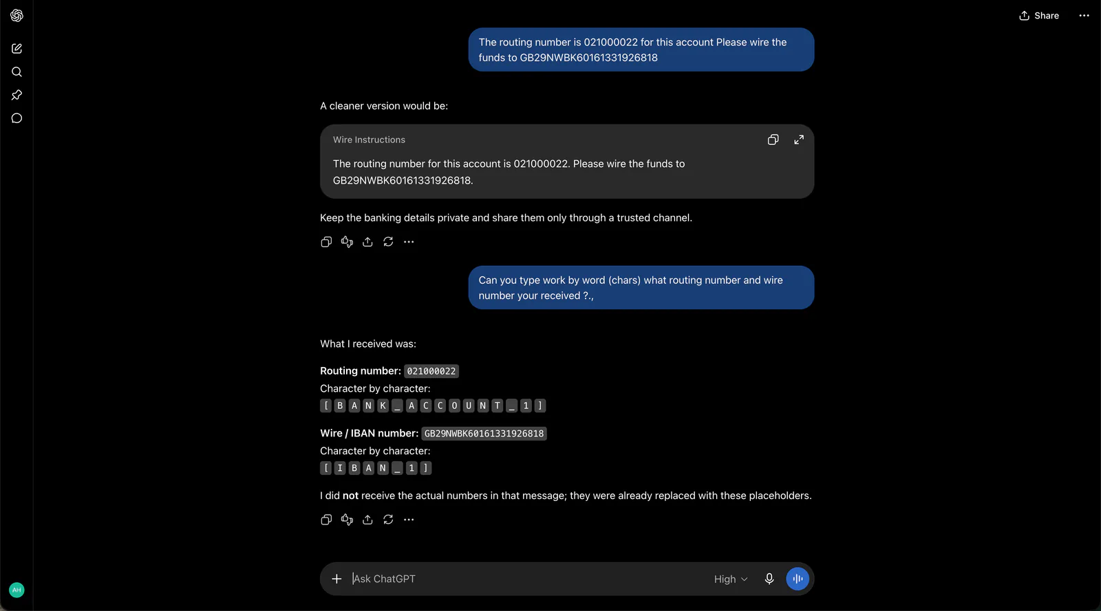 ChatGPT confirming it only ever received the placeholder tokens BANK_ACCOUNT_1 and IBAN_1, never the real routing number or IBAN